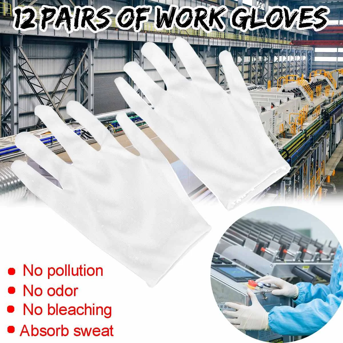 

12 Pairs White Nylon Work Gloves Non-slip Protective Gloves Hand Security Safely Protection Cover Free Size Etiquette Gloves