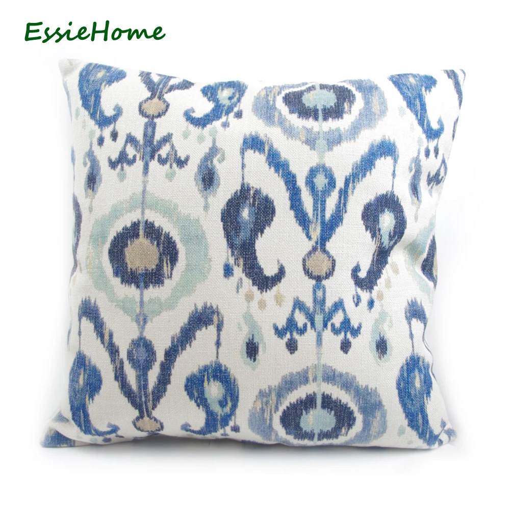 

ESSIE HOME Factory Direct Sell High-End Hand Print Light Blue Ikat Pattern Pillow Case Cushion Cover For Sofa Vintage Look Home