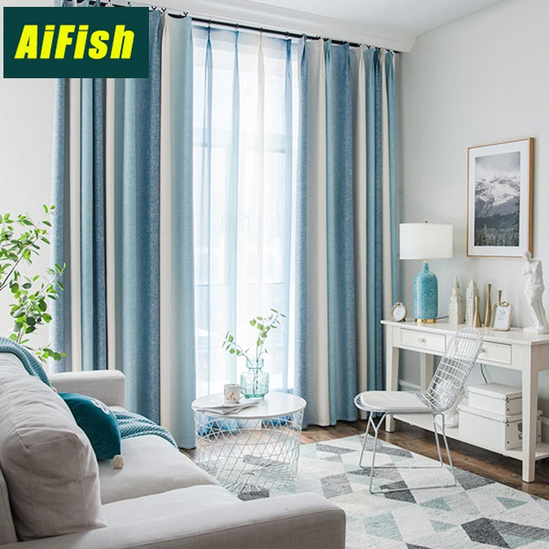 

Modern Style Blue Striped Curtains for Bedroom Gradient Curtain Tulle Window Treatment Sheer Voile Draperies for Bedroom WP109&3