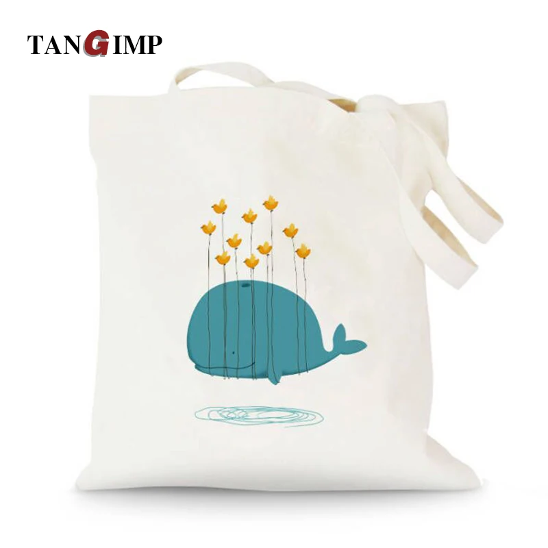 Women Whale White Canvas Shoulder Hand Bag Tote Bag