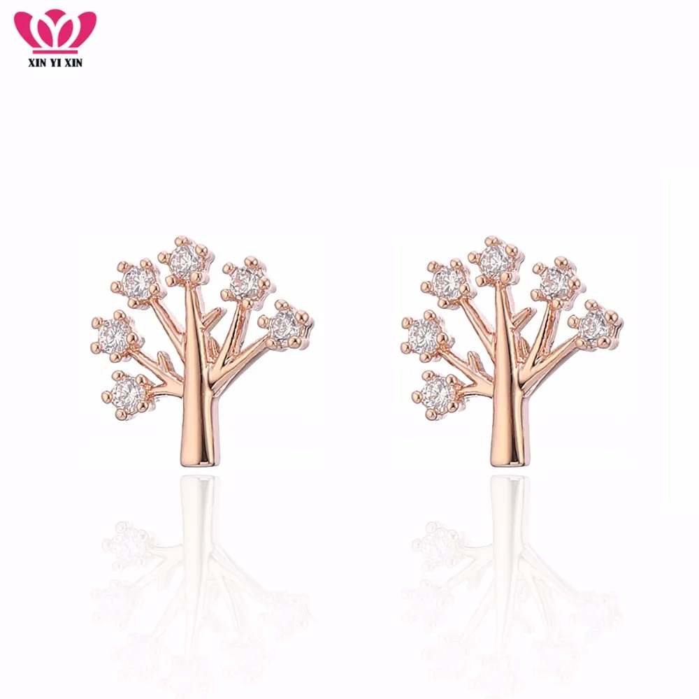 

New Rose Gold Tree Of Life Cubic Zirconia Stud Earrings Women Tiny CZ Silver Earring For Girl Wedding Party Gift Summer Fashion