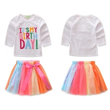 Girl Dress Rainbow Suit Cotton Letter Print T-shirt+Mesh tutu Short Skirt With Bow 2pcs Clothing одежда для девочек ropa niñaD25