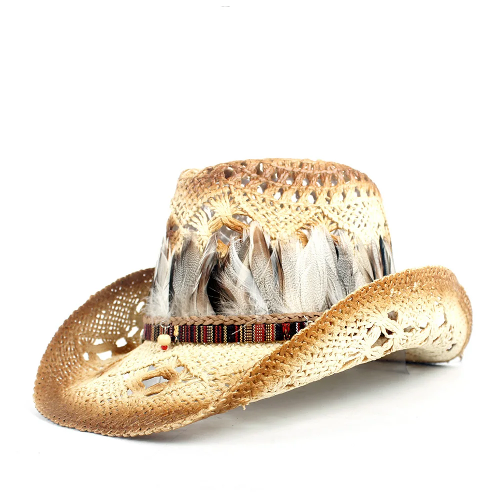Cowgirl Hats Women Straw Hollow Western Cowboy Hat Lady Handmade Bohemia Feather Sombrero Hombre Beach Cowgirl Jazz Sun Hat Size 56-58CM
