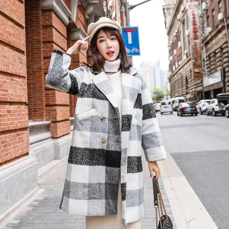 

2018 New Autumn Winter Cashmere Trench Jacket Women Casual Black White Plaid Coat Thickness Warm Button Pocket Jackets