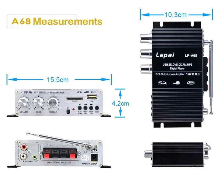 USB/FM Усилитель A68USB Малый усилитель Музыка лагерь 12V мотоциклов с маленьким, усилитель автомобиля, USB/AUX/SD/MMC, PCB панель