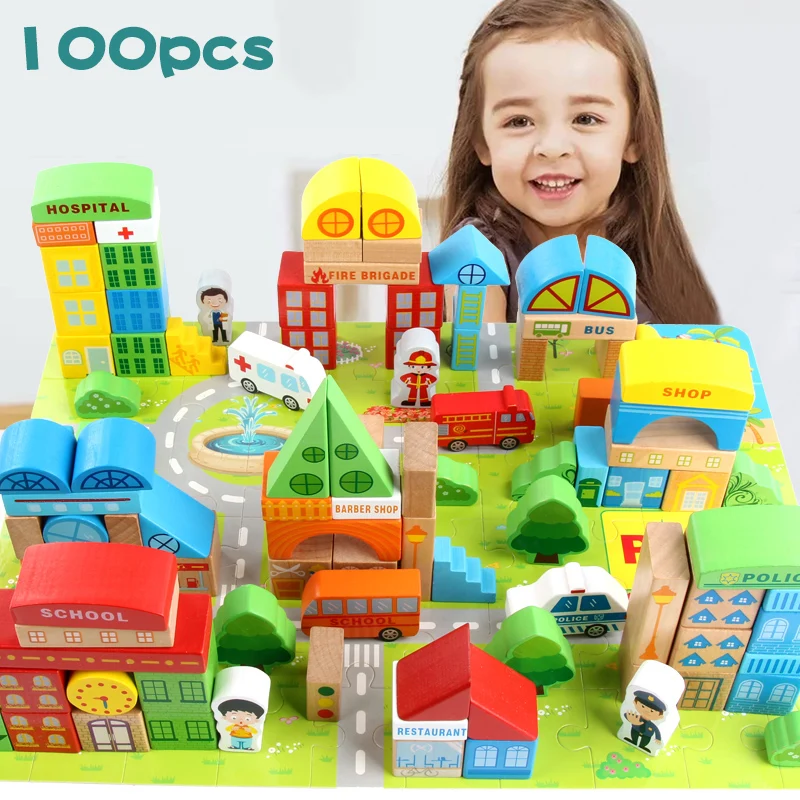 100 Pcs Wooden Building Blocks Set Development for Kids Classic Toy NEW 2019 