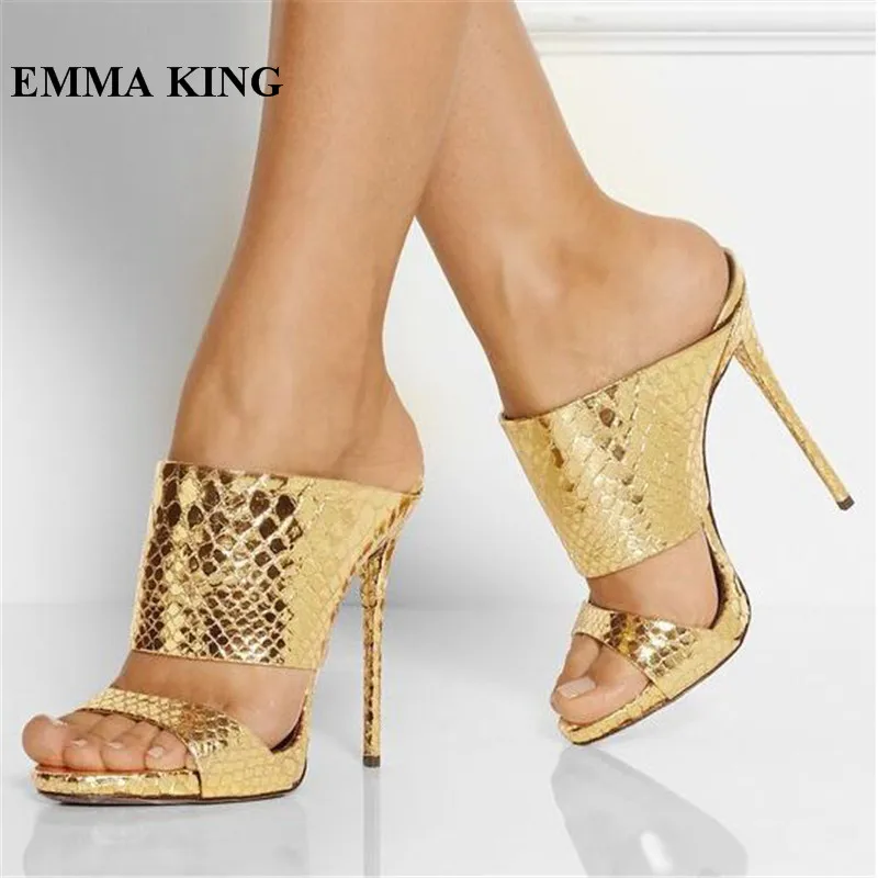 

EMMA KING Brand Design Women Runway Snake Printed Gold Sandals Summer Slip-On Slingback Sandals Women High Heel Party Sandalias