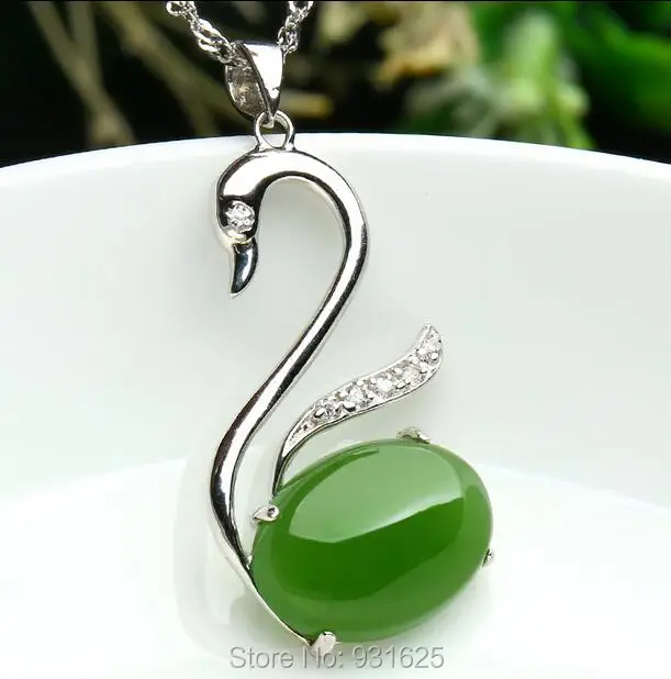 

925 silver Gold Natural Green HeTian Yu Gem Stone Inlay Swan Design Lucky Pendant Necklace + certificate Fine Jewelry