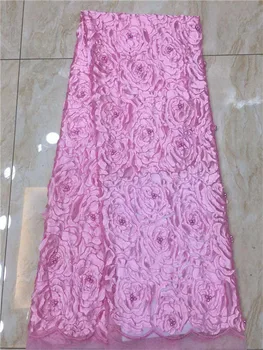 

Light Blue African Nigerian 3D Flowers Tulle Lace Fabric French Fashionable Style Trim Beads Mesh Tulle Lace Fabric yellow pink