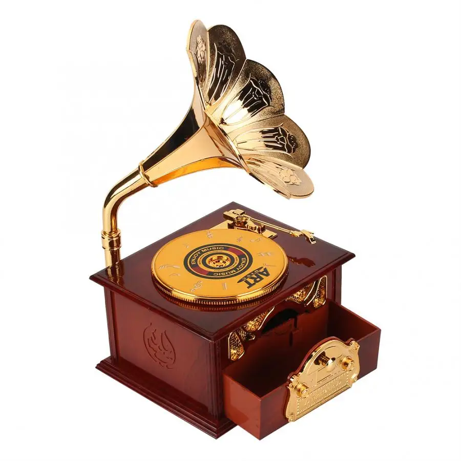Antique Wooden Music Box Metal Phonograph Hand Crank Music Boxes Classic Music Box Decor Christmas Birthday Gift