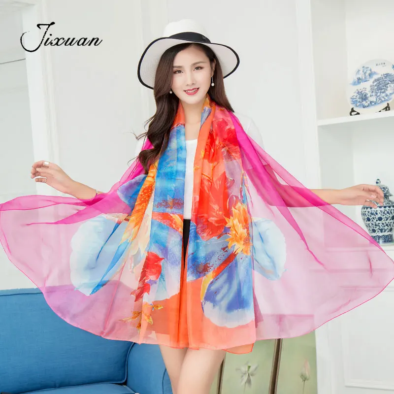 

fashion ladies scarves 2018 summer flower silk scarves women print chiffon spring head scarf soft plus size pashmina female cape