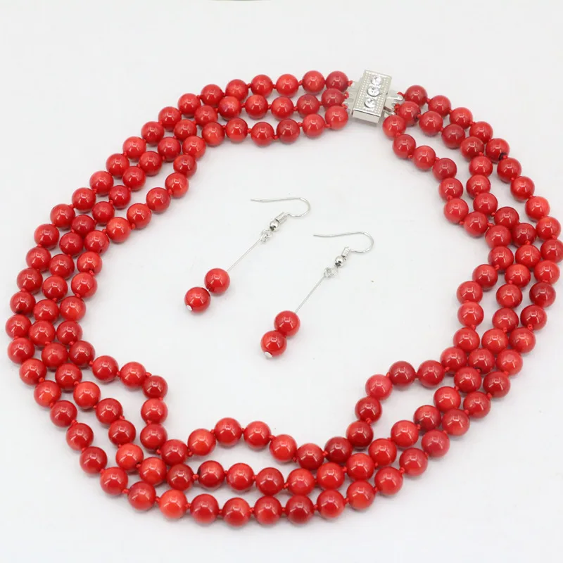 

3 Rows Natural Red Coral 7mm Round Beads Jewelry Set for Women Necklace Dangle Earrings Weddings Anniversary Gifts 17-19" B3455