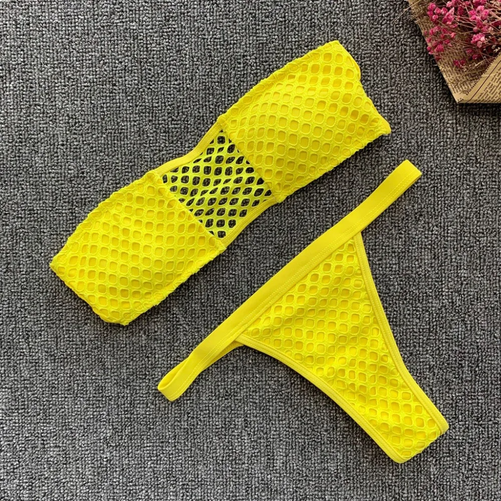 2019 bikinis sexy swimwear women solid color split women's bandage mesh swimsuit sexy beach bikini set swimsuit push up 40J19 (18)
