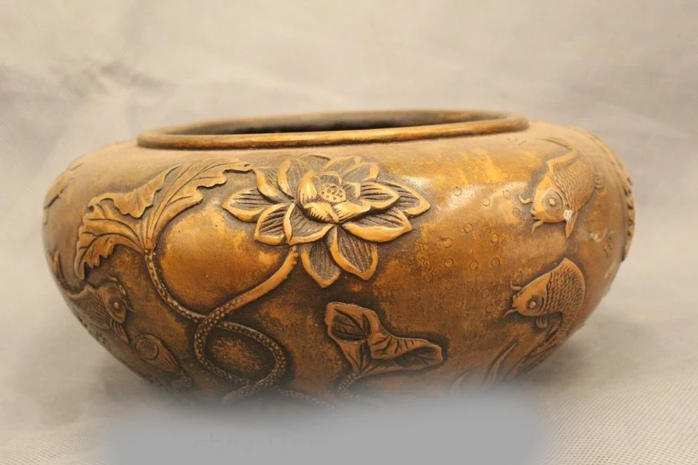 

9"Chinese Folk Bronze Feng Shui Lucky lotus flower Cyprinoid Fish fish tank Pot