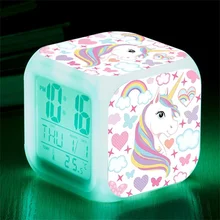 Unicórnio despertador led relógio digital 7 mudança de cor luz noite incandescente crianças relógio de mesa despertador unicornio presente das crianças
