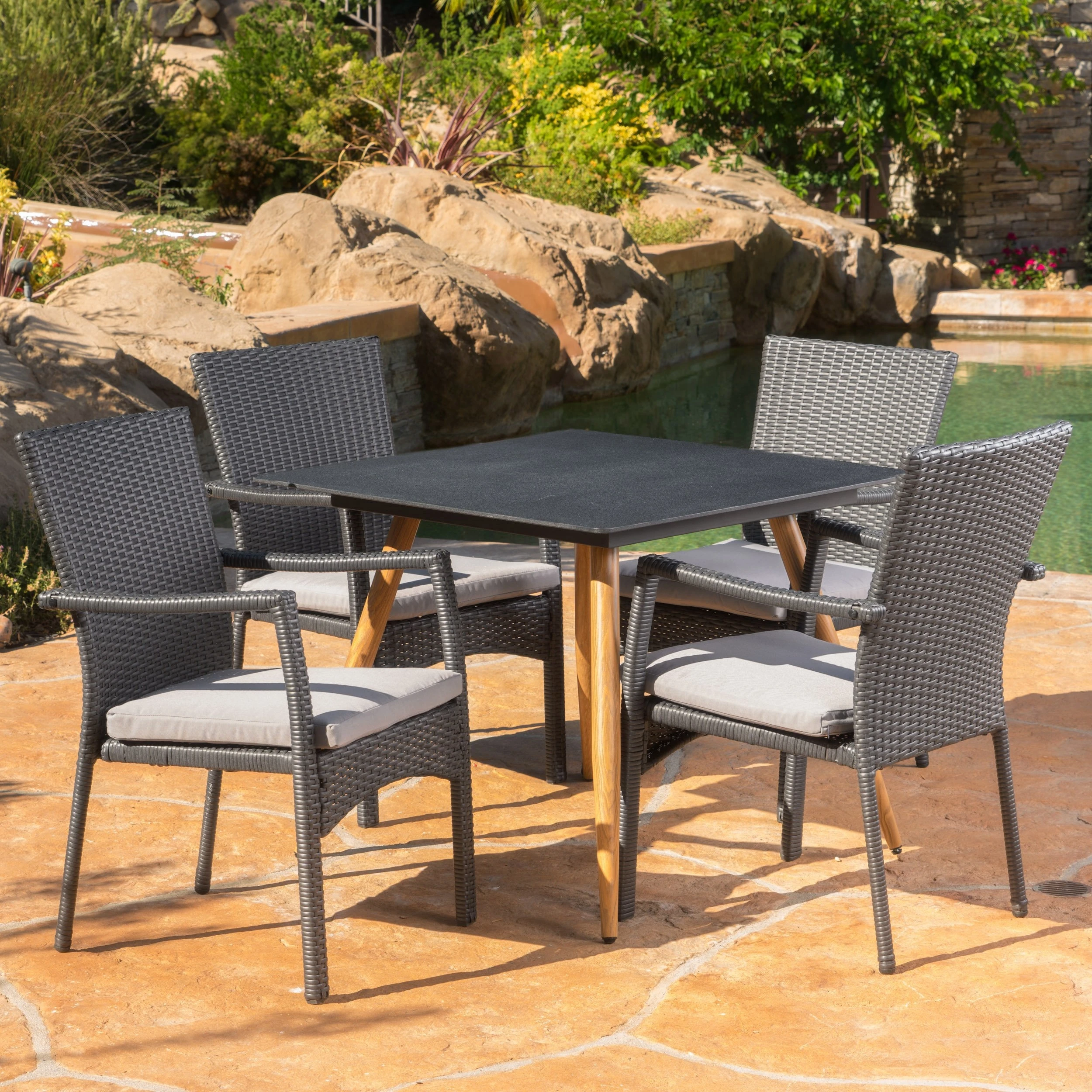 Bishop Outdoor 5 Piece Gray Wicker Dining Set with Tempered Glass Table