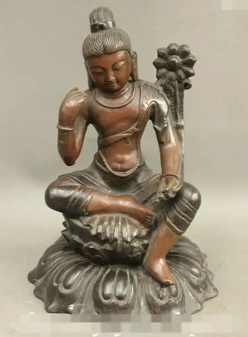 

S03217 11" Old Tibet Buddhism Bronze Lotus Green Tara Joss Mahayana Goddess Statue Set (B0413)