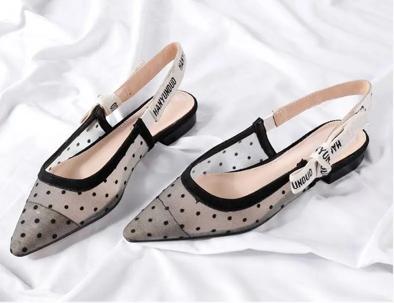 Летние женские босоножки с острым носком; сетчатая дышащая обувь в горошек с ремешком на пятке; женские элегантные туфли на высоком каблуке с эластичной лентой; zapatos mujer