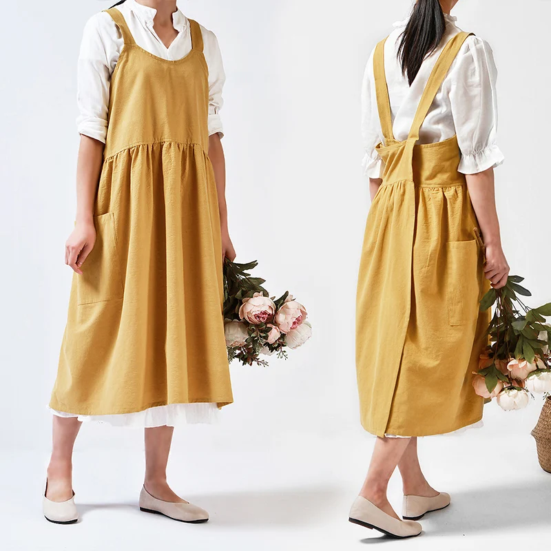 

Medieval Washed cotton linen Kitchen Apron For Cooking Baking Flower Shop Ruffles work clean apron for woman uniform lady Dress