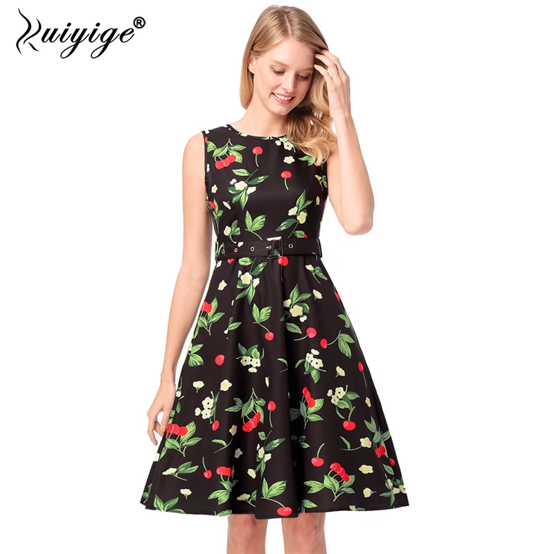 Ruiyige 2018 Retro Cherry Print Summer Ball Gown Sleeveless Women Dress