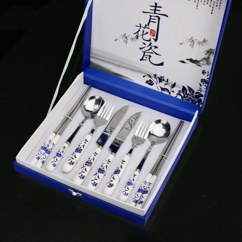 

4 Pcs Tableware For Dinner Set Stainless Steel Blue Set Gift Kitchen Accessories Chopsticks Knife and fork Spoon