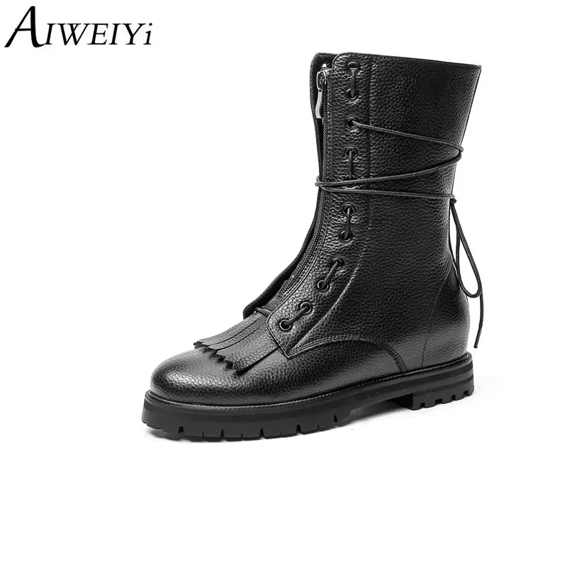 

AIWEIYi Genuine Leather Shoes Woman Autumn Winter Fashion Ankle Boots Lace Up Women Boots Soft Casual Flat Shoes