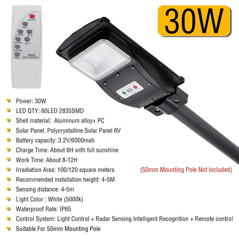 

Waterproof LED Street Light 30W LED Solar Light+Radar PIR Motion Sensor+Timing +Remote Outdoor Lighting for Plaza Garden Yard