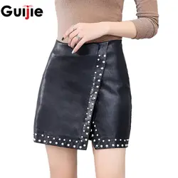 Guijie черный Искусственная кожа юбка Высокая Талия молния сзади пикантные ботильоны с заклепками из искусственной кожи весенние летние юбки