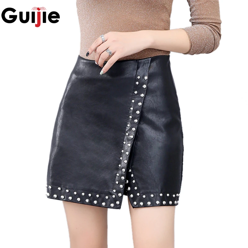 

Guijie Black Faux Leather Skirt High Waist Back Zip Sexy Rivets PU Skirts Spring Summer Women Above Knee Mini Skirt faldas saia