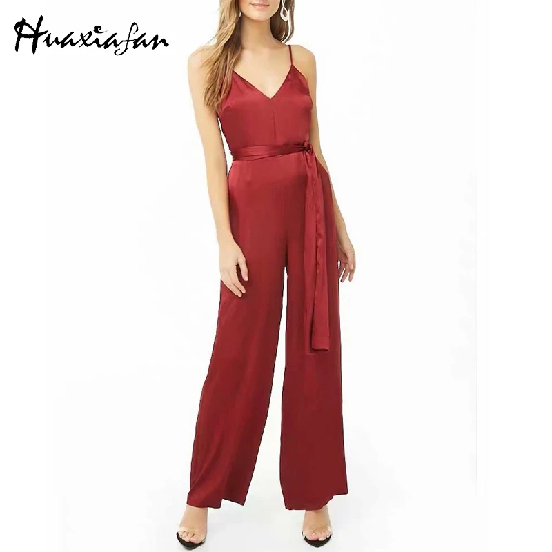 Huaxiafan Strap Jumpsuits For Women Sashes Solid Red Black Pants Sexy Backless Long Rompers Womens Straight Overalls Female