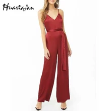 Huaxiafan Strap Jumpsuits For Women Sashes Solid Red Black Pants Sexy Backless Long Rompers Womens Straight Overalls Female