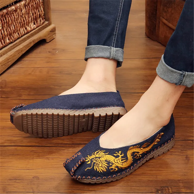 

Summer Espadrilles Men Embroidery Dragon Canvas Shoes Spring Slip On Flats Driving Loafers Breathable Handmade Linen Cloth Shoes