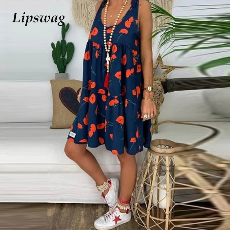 

Lipswag 9 Colors Women Sleeveless Print Sundress Summer backless Strap Boho Dresses Sexy Ladies Loose Mini beach Dress S-5XL
