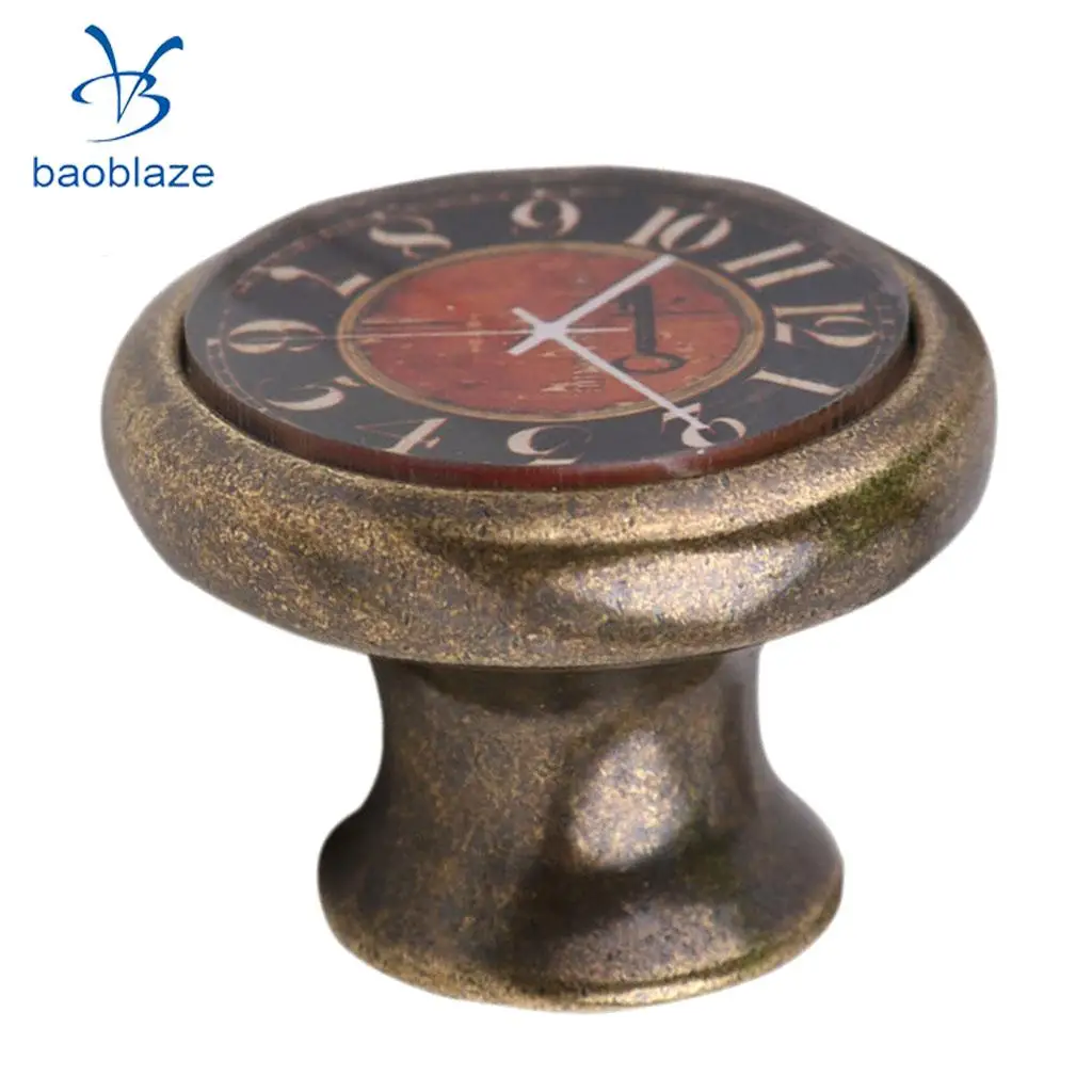 2 Pieces Vintage Brass Cabinet Drawer Round Pulls Wardrobe Cabinet Door Cupboard Knob Handle Clock Plate Pattern #1
