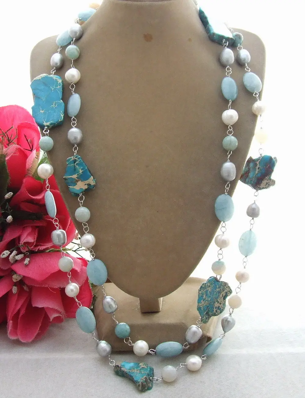 KE082703 55'' Pearl Chrysocola Stone Gems Necklace