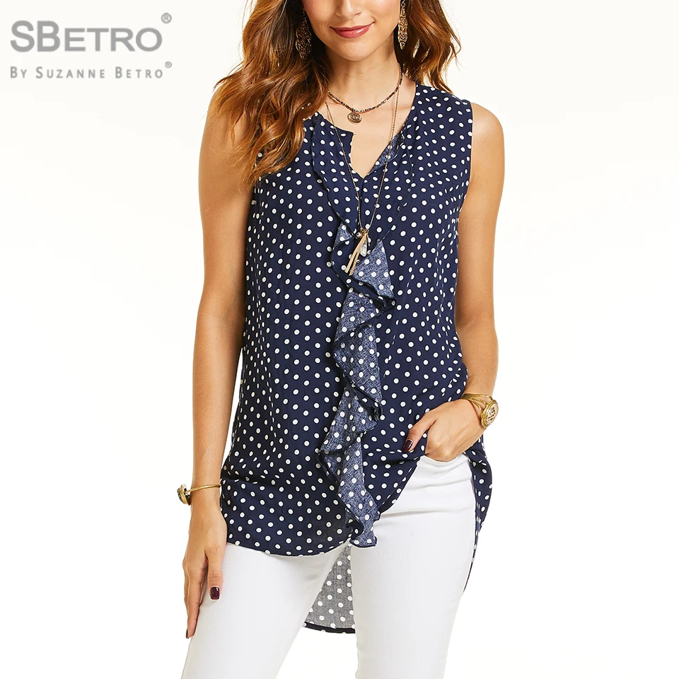 Sbetro Women's Polka Dot Printed Chiffon Ruffle Front Sleeveless Shirt Office Ladies Summer Elegant Blouses and Tops Plus Size |