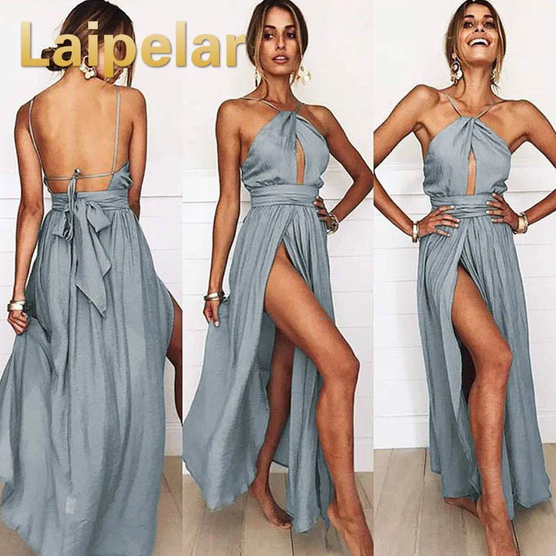 

Laipelar Elegant Dress Women Halter Neck Split Beach Dresses 2018 Summer Sexy Bandage Backless Long Maxi Dress Evening Vestidos