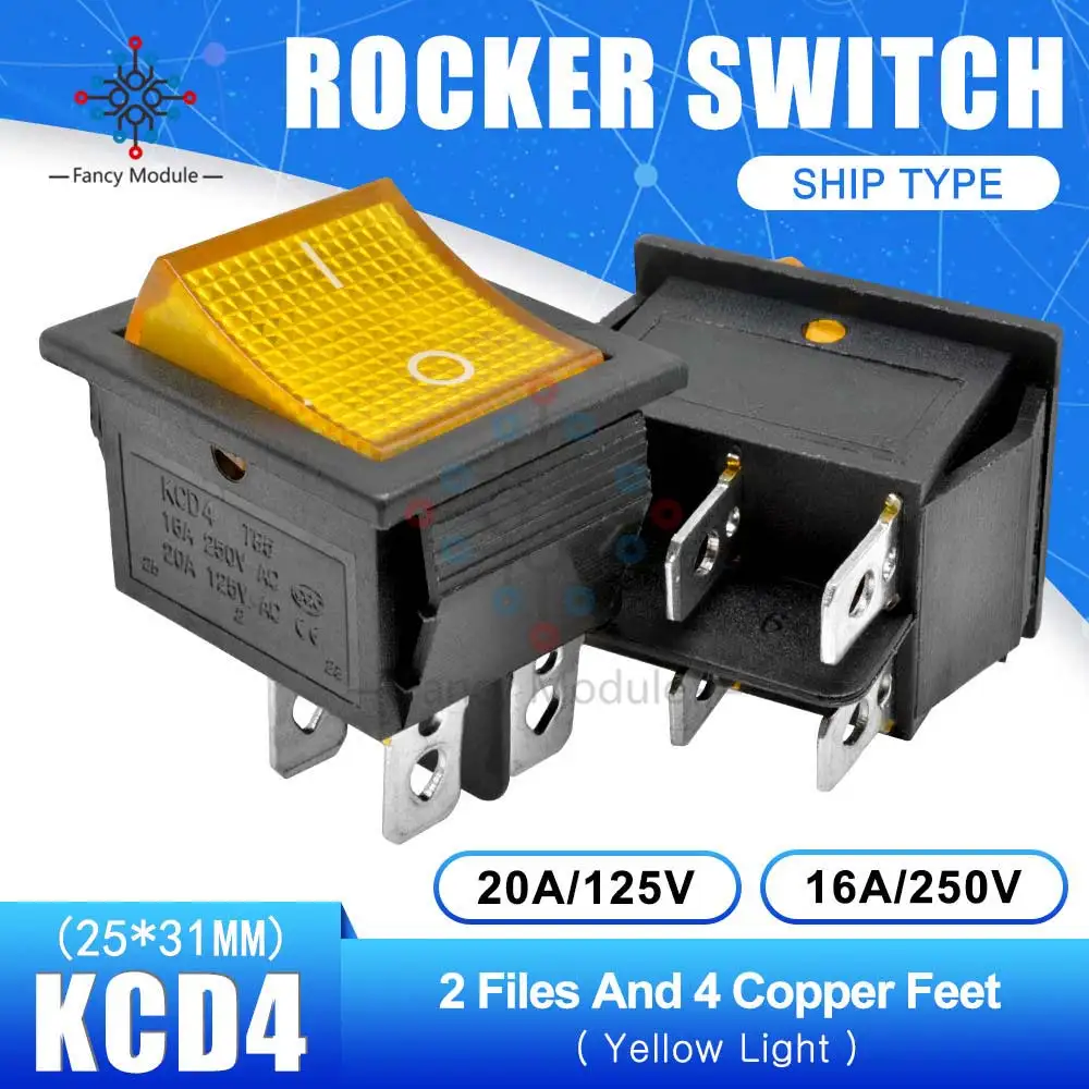 KCD4 25*31 мм 2 Позиции 4 булавки Feets кулисный переключатель питания сенсорный Переключатель ВКЛ/ВЫКЛ корабль тип с светильник 16A 250 В 30A 125 в - Цвет: Цвет: желтый