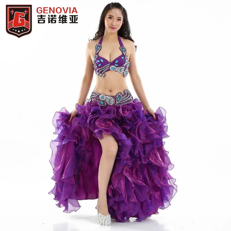 

2018 Professional Belly Dance Performance Costume 3pcs Set Rhinestone Bra Top B/c & Belt & Skirt Dress Rio Carnival Hollywood