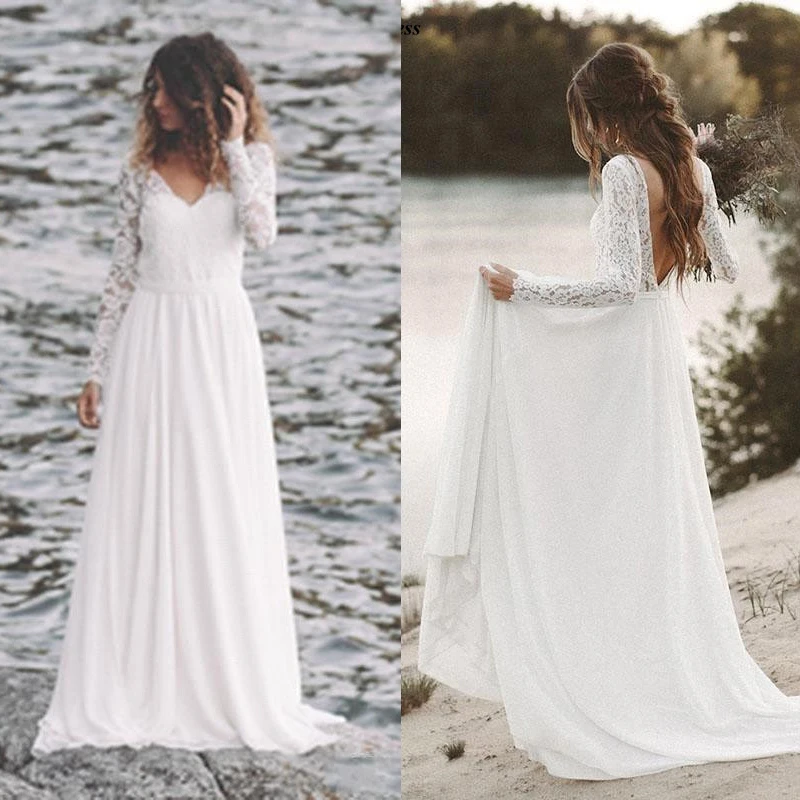 Vestido de Novia, длинный рукав, кружевной топ, открытая спина, трапециевидный шлейф, простые пляжные свадебные платья, свадебные платья, дешевые, на заказ