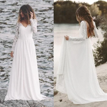 

Vestido de Novia 2019 Long Sleeves Lace Top Open Back A Line Sweep Train Simple Beach Wedding Dresses Bridal Gowns Cheap Custom
