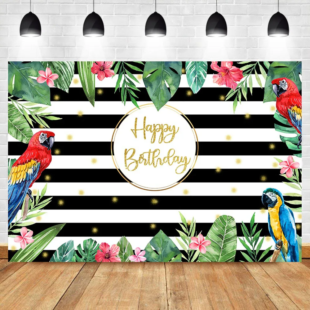 

Tropical Luau Party Backdrop Summer Birthday Party Photography Background Leaves Flowers Black and White Striped Backdrops
