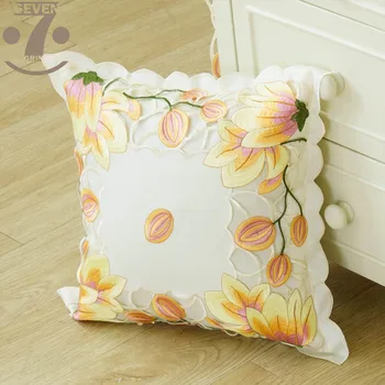 

High Quality Satin Cloth Yellow Tulip Pattern 43x43cm Square Embroidered Cutwork Pillow Cover