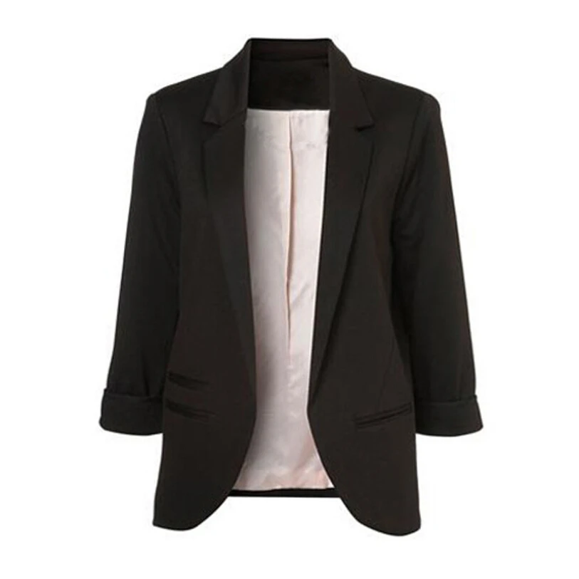 Женский деловой пиджак, офисный, офисный, открытый, передний, зубчатый Блейзер, осень, приталенный Блейзер, белый, Женский блейзер, 11 цветов, размер S-XXL - Цвет: Черный