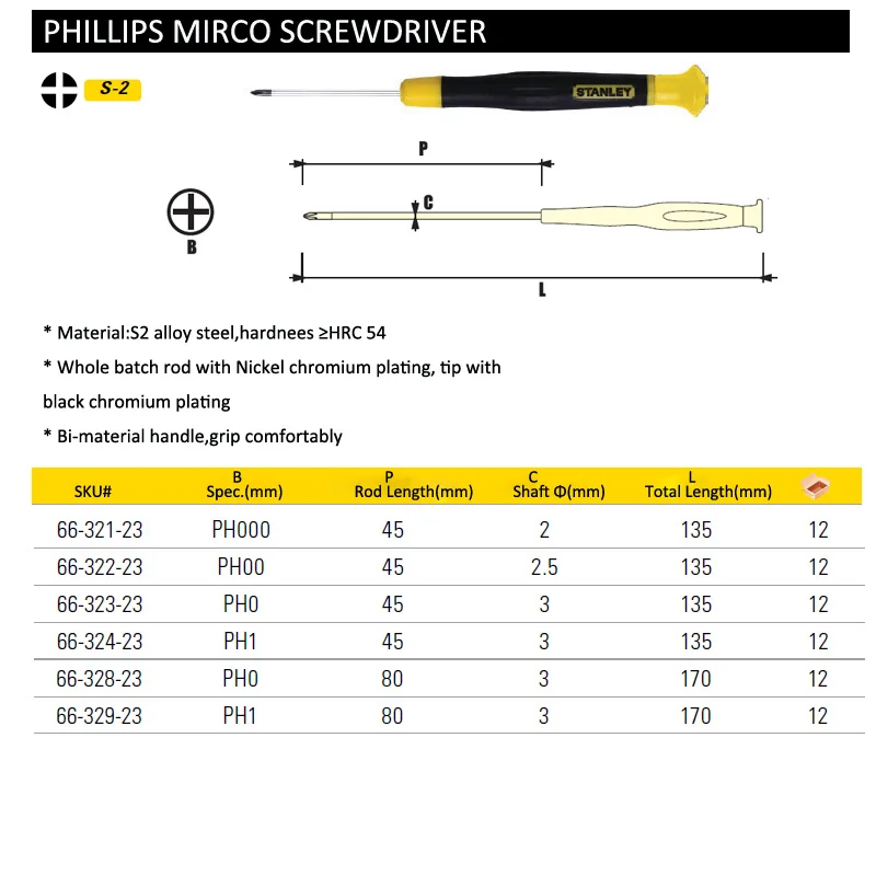 Стэнли 1 шт. прецизионная Крестовая головка phillips микро мини отвертка PH000 PH00 PH0 PH1 S2 сталь для камеры очки игрушки инструмент