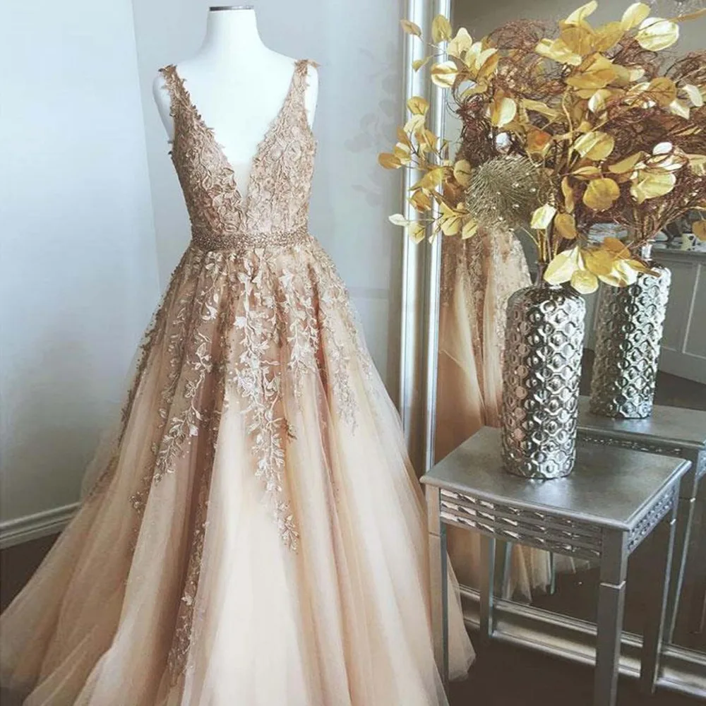 Реальное изображение золото вечерние кружевные платья с блестящими бусинами Sash A-Line длинное платье для выпускного v-образным вырезом плюс размер Формальные платья