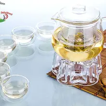 1х китайский кофейный чайный набор кунг-фу-485 мл жаростойкий стеклянный чайник+ хрустальный нагреватель+ 6 стеклянных небольших чашек с двойными стенками