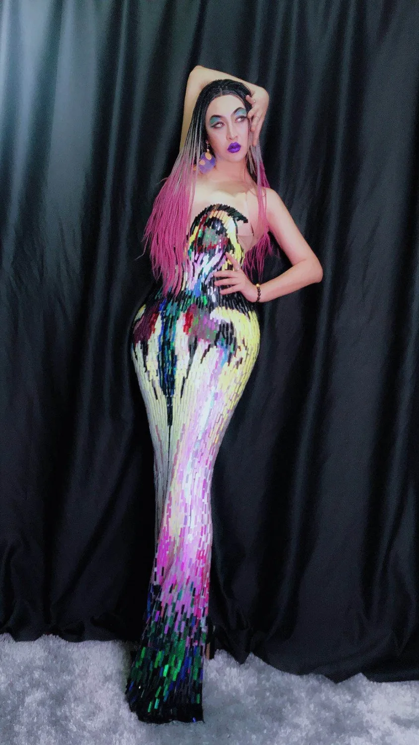 Fashion Colorful Sequins Long Dress Evening Party Wear Luxurious Stretch Dress Prom Birthday  Celebrate Female Singer Dresses