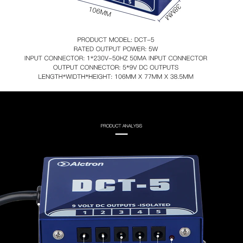 Alctron DCT-5 5-канальный 9 volt DC выходной эффект блок питания мульти-8-канальный, с гальванической развязкой защита питания