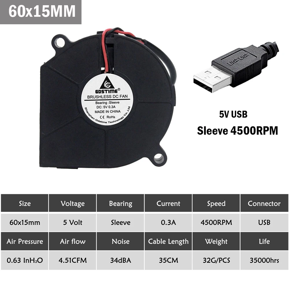 2 шт. Gdstime 5 в USB вентилятор 50 мм 60 мм 75 мм 75x30 мм DC бесщеточный двигатель центробежный вентилятор 50x15 мм 75x15 мм 60x15 мм USB вентилятор